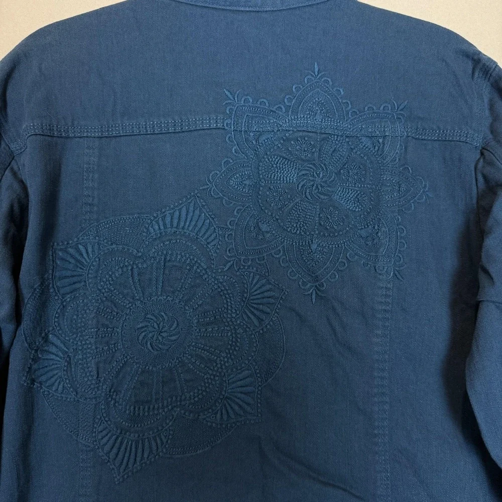 Chico's‎ Jacket Womens 3 Blue Denim Button Front Embroidered Back Boho Casual